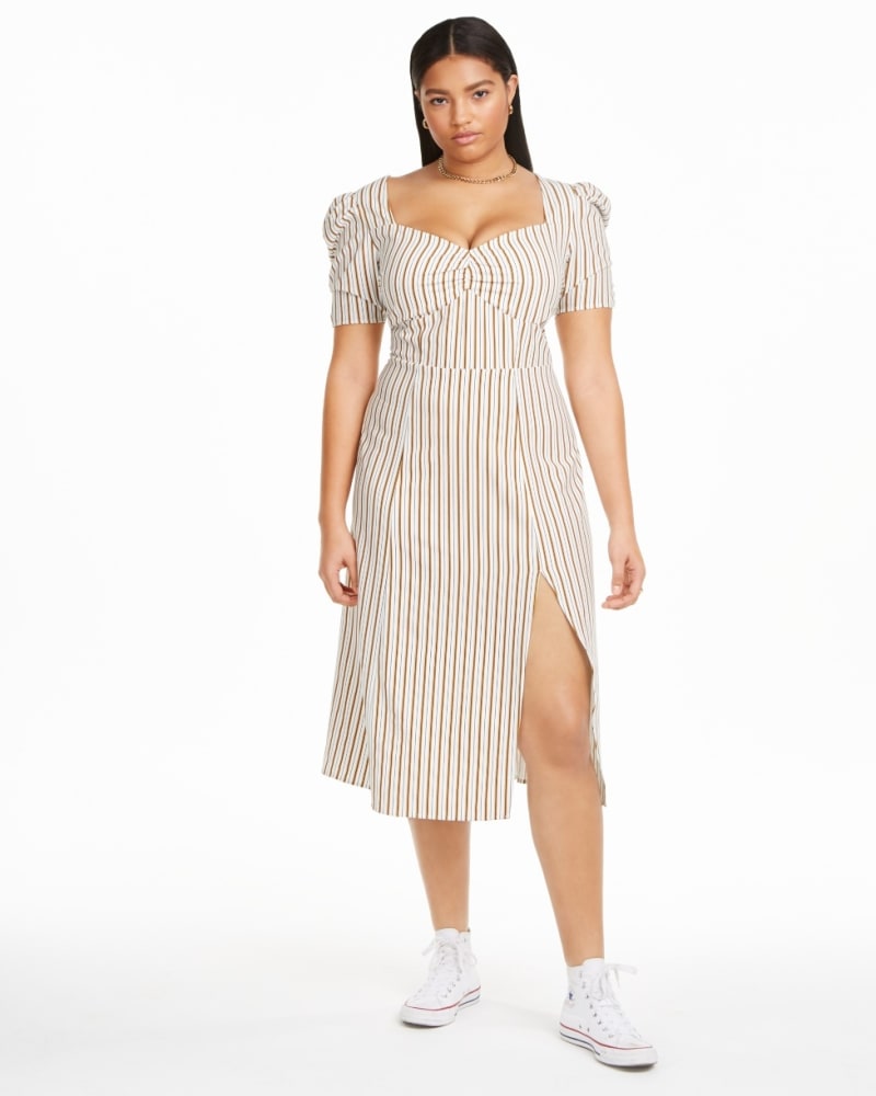 Front of a model wearing a size 18W Danielle Bernstein Women's Plus Size Slip Maxi Dress Beige Size 18W in Beige by Danielle Bernstein. | dia_product_style_image_id:313150